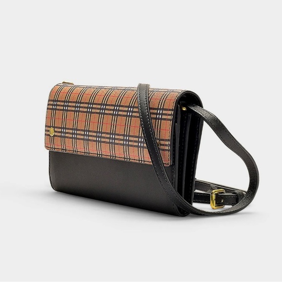Authentic BURBERRY HENLEY LEATHER CHECK BLACK SHOULDER STRAP WALLET CLUTCH BAG - Picture 2 of 4